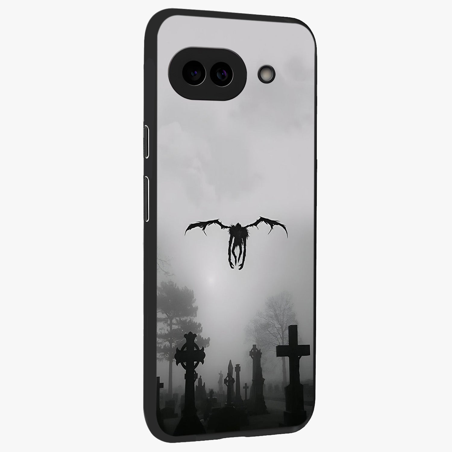 Graveyard Shadow Descent Glass Case upright view showcasing haunting graveyard artwork with dramatic dark theme.