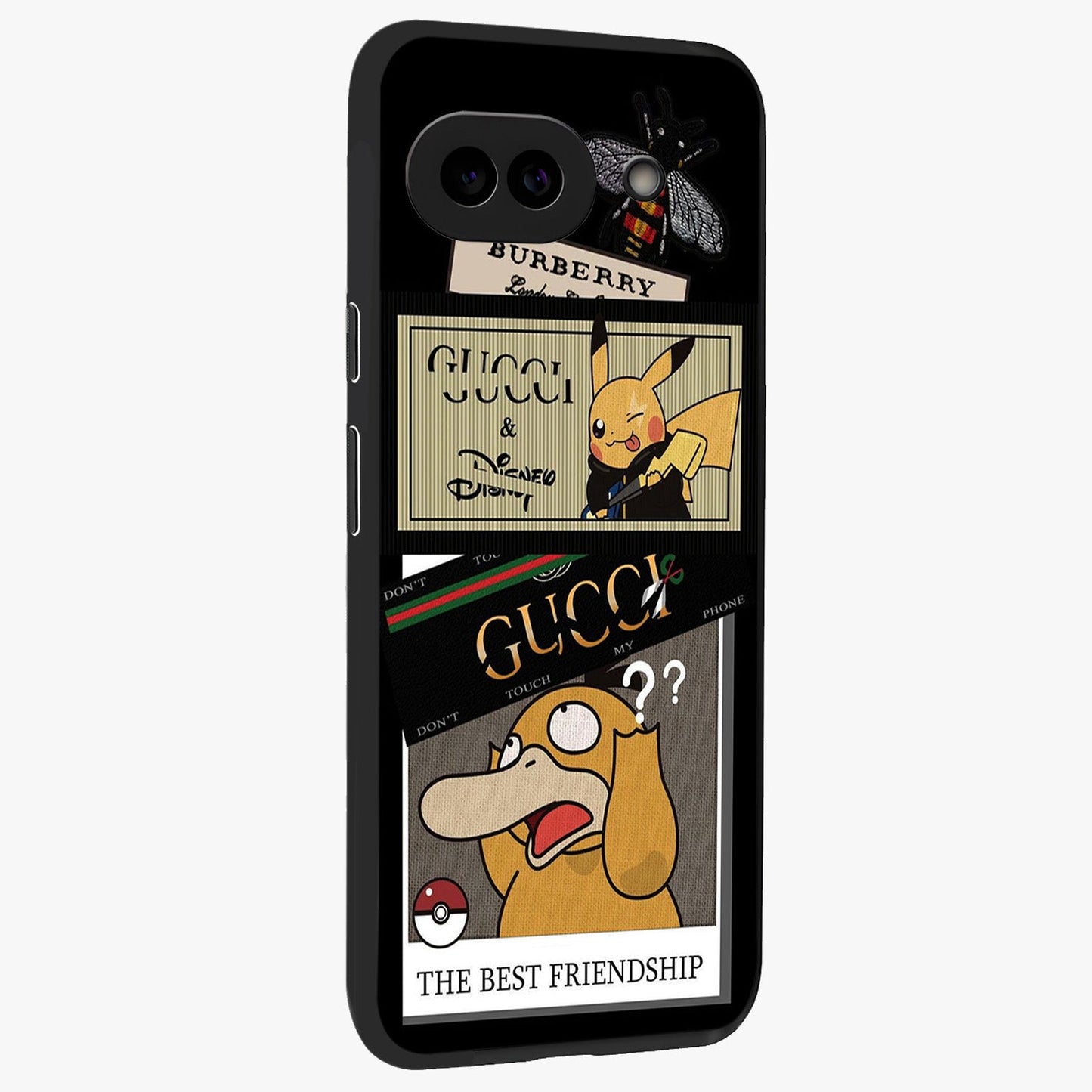Gucci Play Mashup Glass Case upright view showcasing trendy luxury inspired artwork with modern fashion theme.