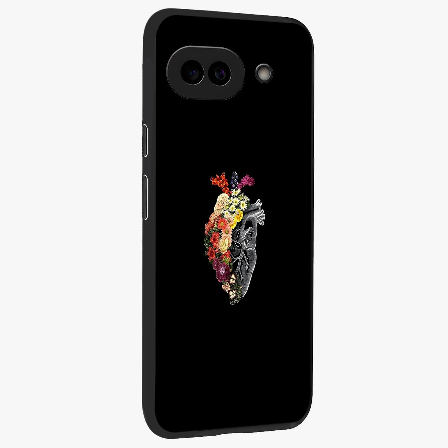 Heart With Flowers Glass Case upright view showcasing decorative heart and floral artwork with sweet romantic theme.