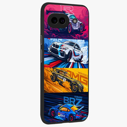 JDM Sports Car Glass Case upright view showcasing dynamic sports car artwork with bold racing theme.