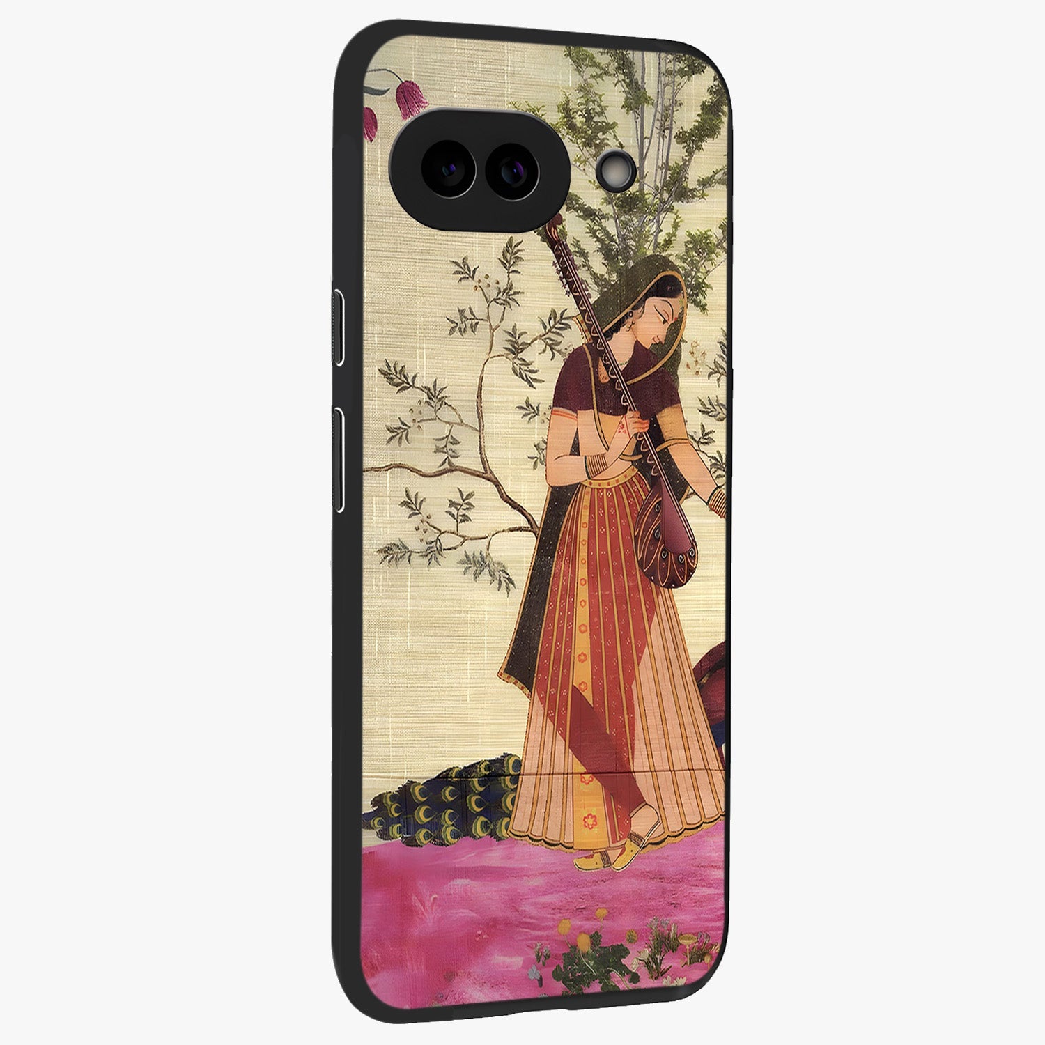 Lady With Veena Art Glass Case upright view showcasing classical veena artwork with traditional artistic theme.