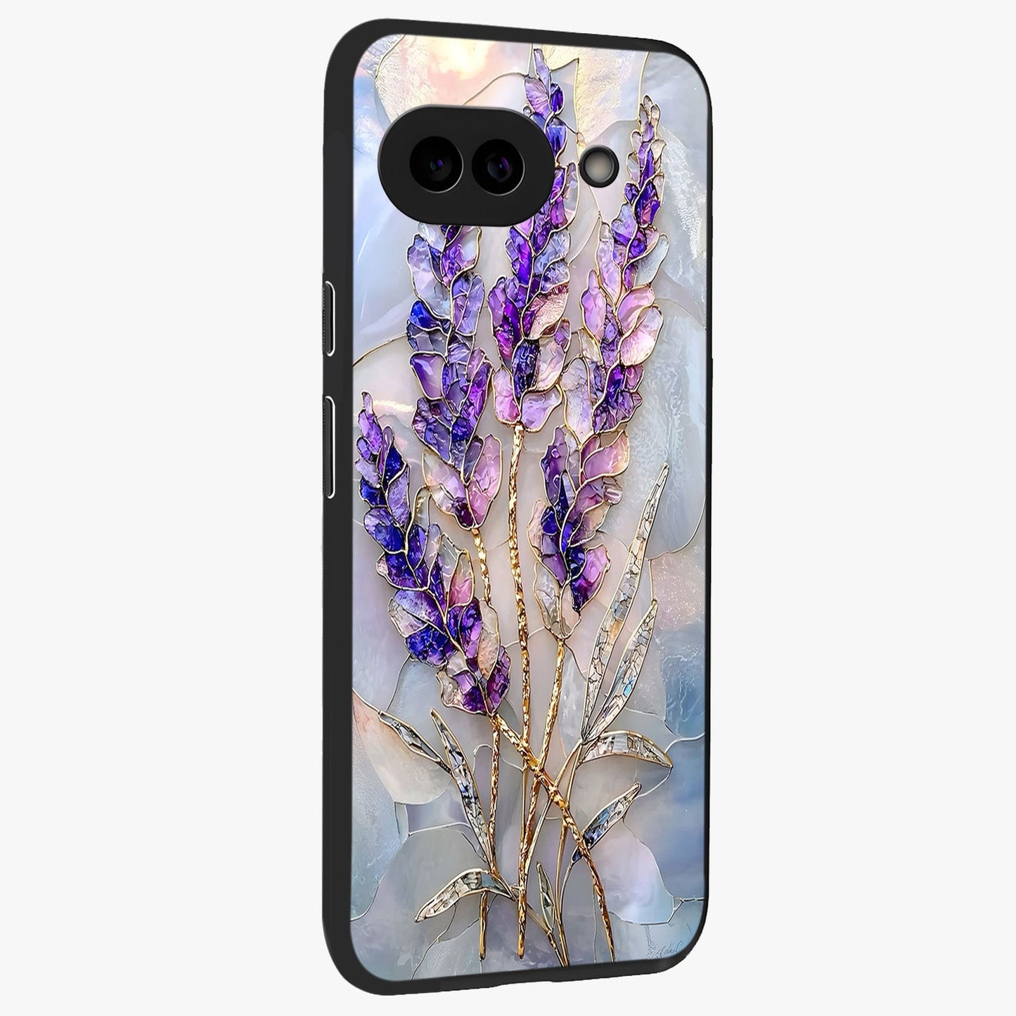 Lavender Dream Glow Glass Case upright view showcasing radiant lavender glow artwork with calming dreamy theme.