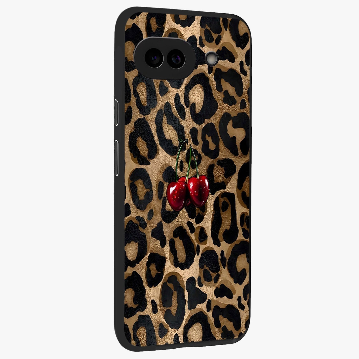 Leopard Wild Cherry Glass Case upright view showcasing stylish leopard pattern artwork with trendy fashion theme.
