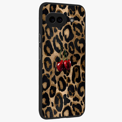 Leopard Wild Cherry Glass Case upright view showcasing stylish leopard pattern artwork with trendy fashion theme.