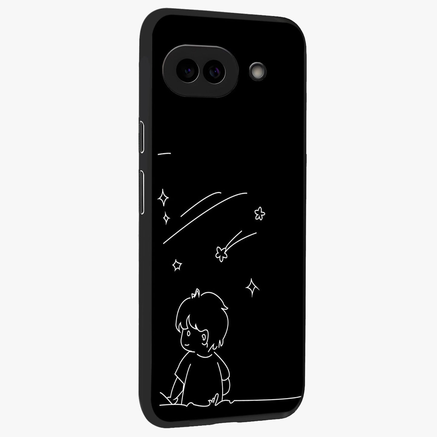 Line Art Boy With Shooting Stars Glass Case upright view showcasing artistic shooting star illustration with minimal style.