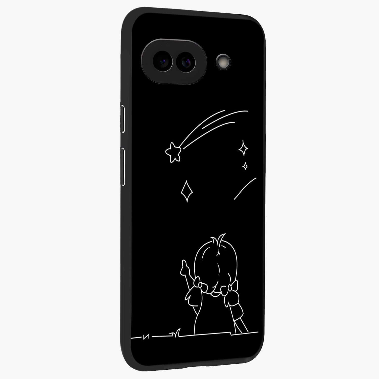 Line Art Girl With Shooting Stars Glass Case upright view showcasing delicate shooting stars artwork with minimal artistic theme.