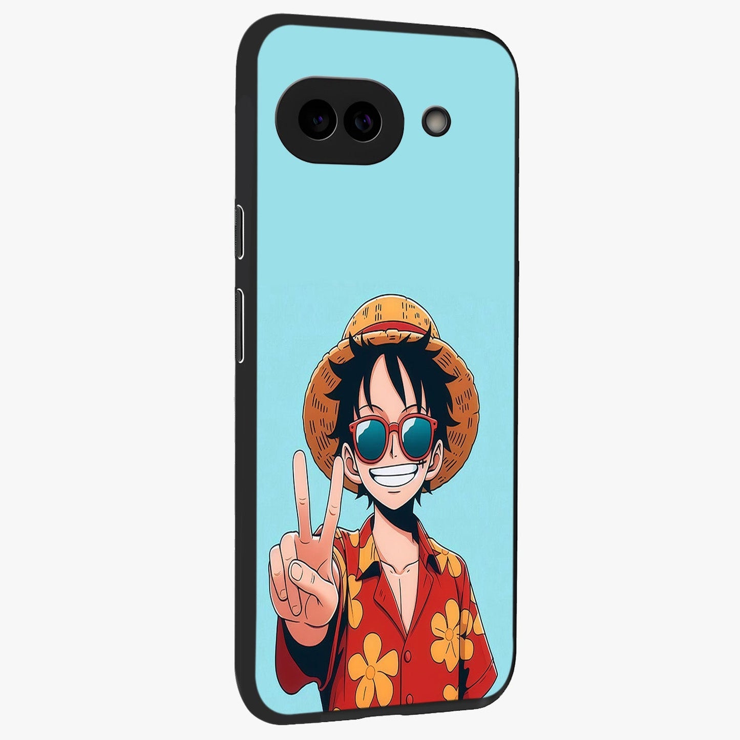 Luffy Summer Anime Vibe Glass Case upright view showcasing dynamic anime artwork with bright adventurous theme.
