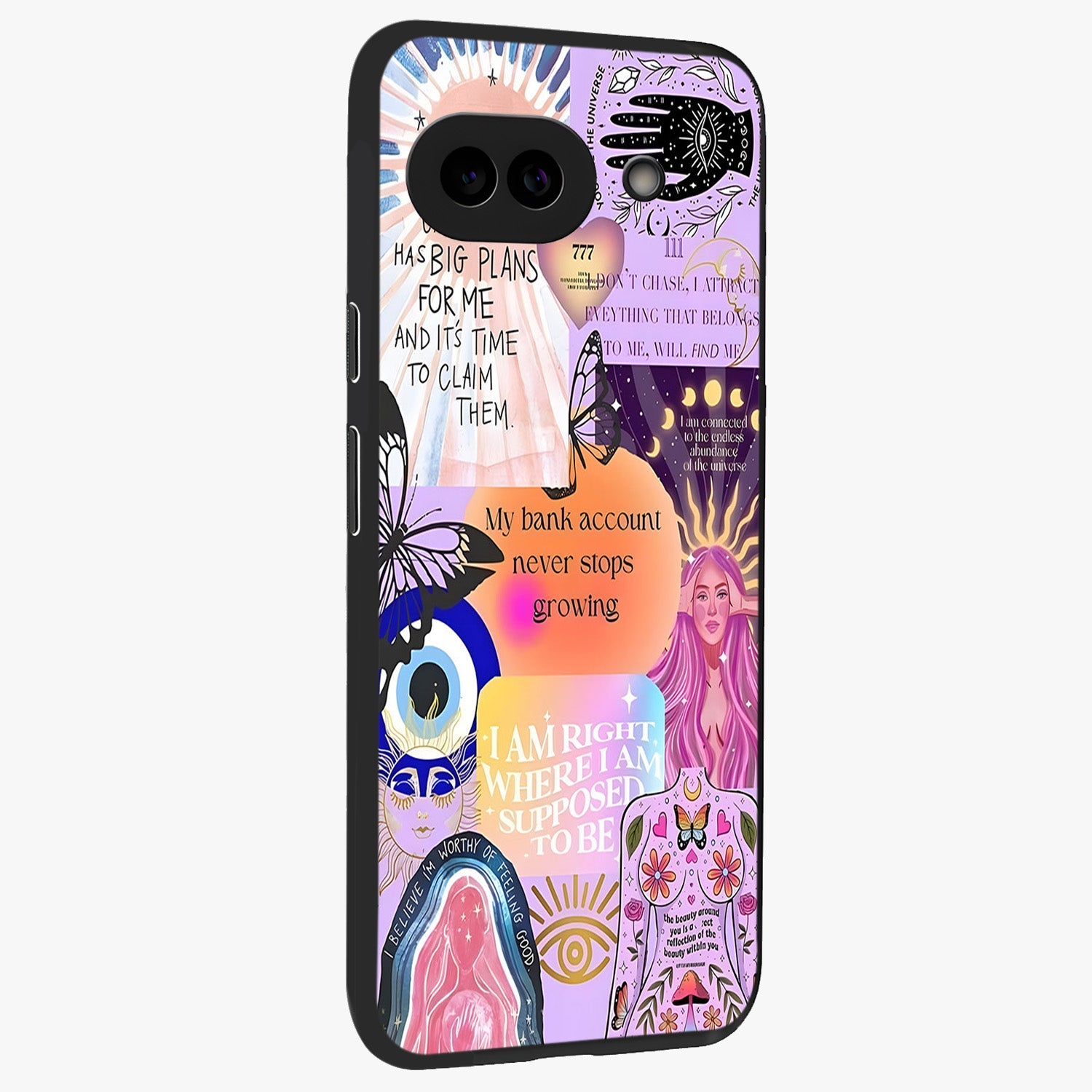 Manifestation Collage Glass Case upright view showcasing artistic manifestation themed artwork with creative style.