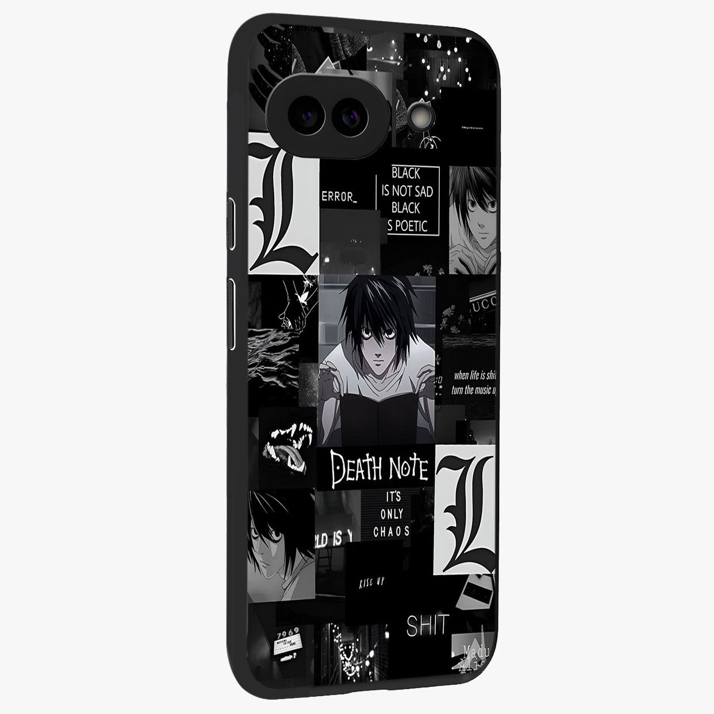 Midnight Chaos Mind Glass Case upright view showcasing expressive abstract artwork with bold dark theme.