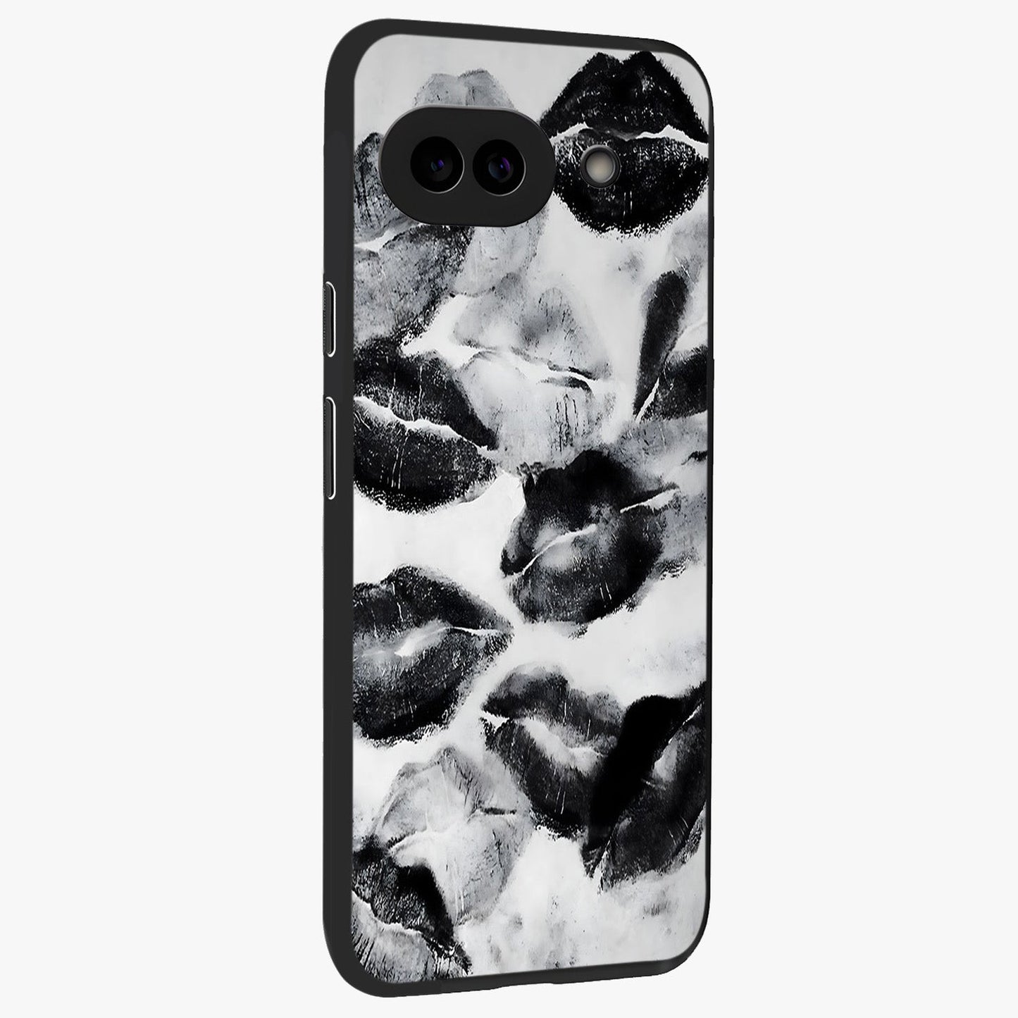 Midnight Kiss Marks Glass Case upright view showcasing stylish kiss mark artwork with trendy romantic theme.