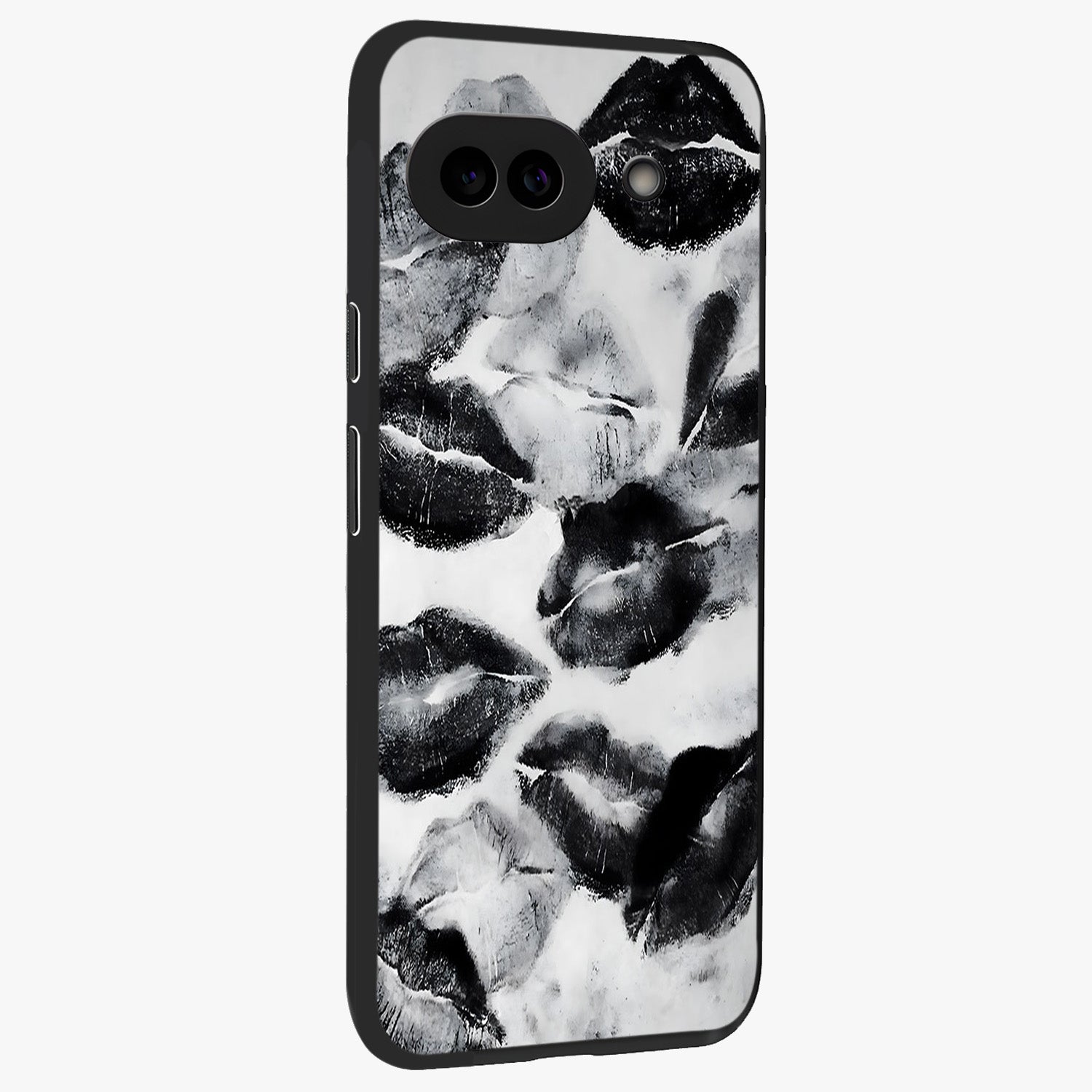 Midnight Kiss Marks Glass Case upright view showcasing stylish kiss mark artwork with trendy romantic theme.
