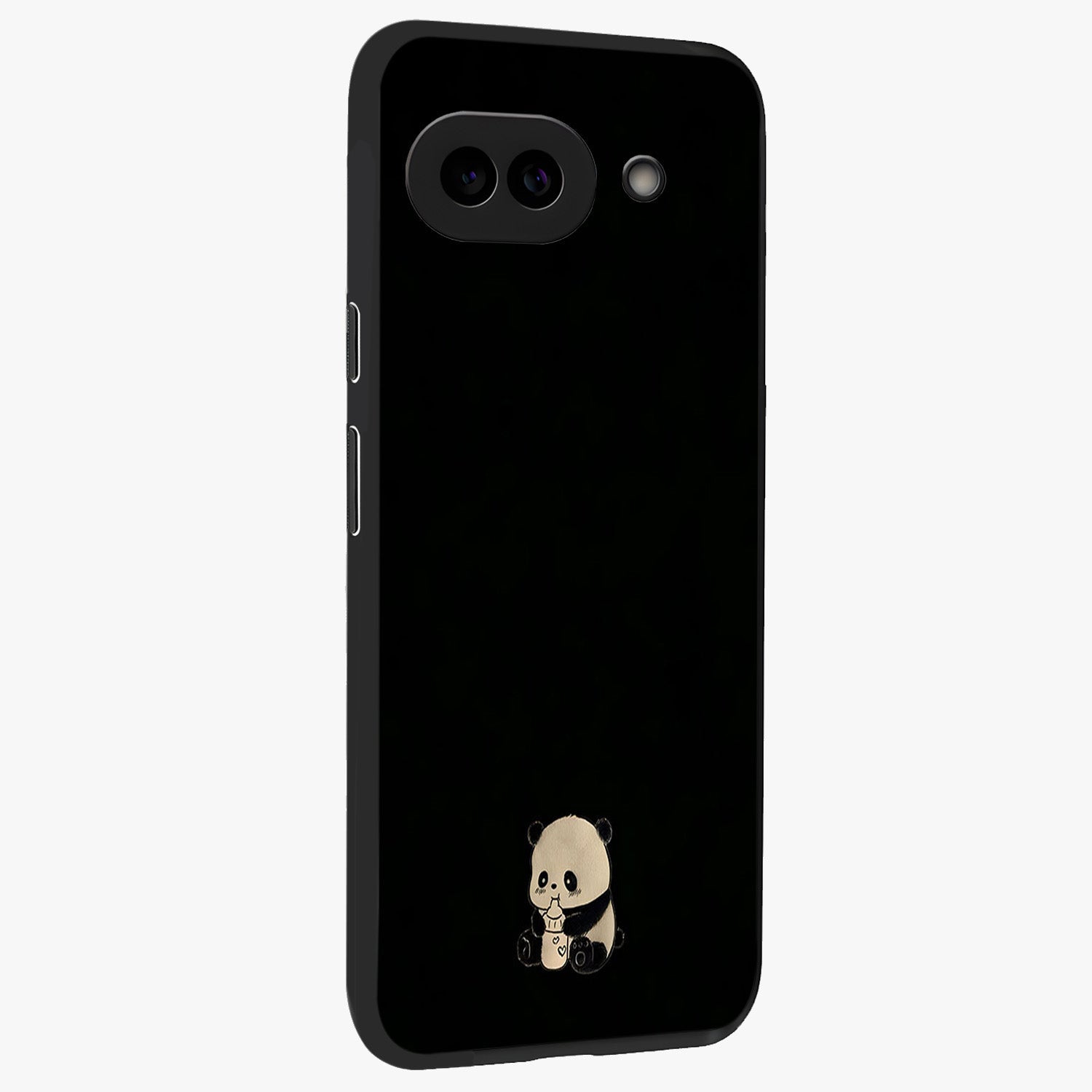 Midnight Panda Love Glass Case upright view showcasing charming panda artwork with playful romantic theme.