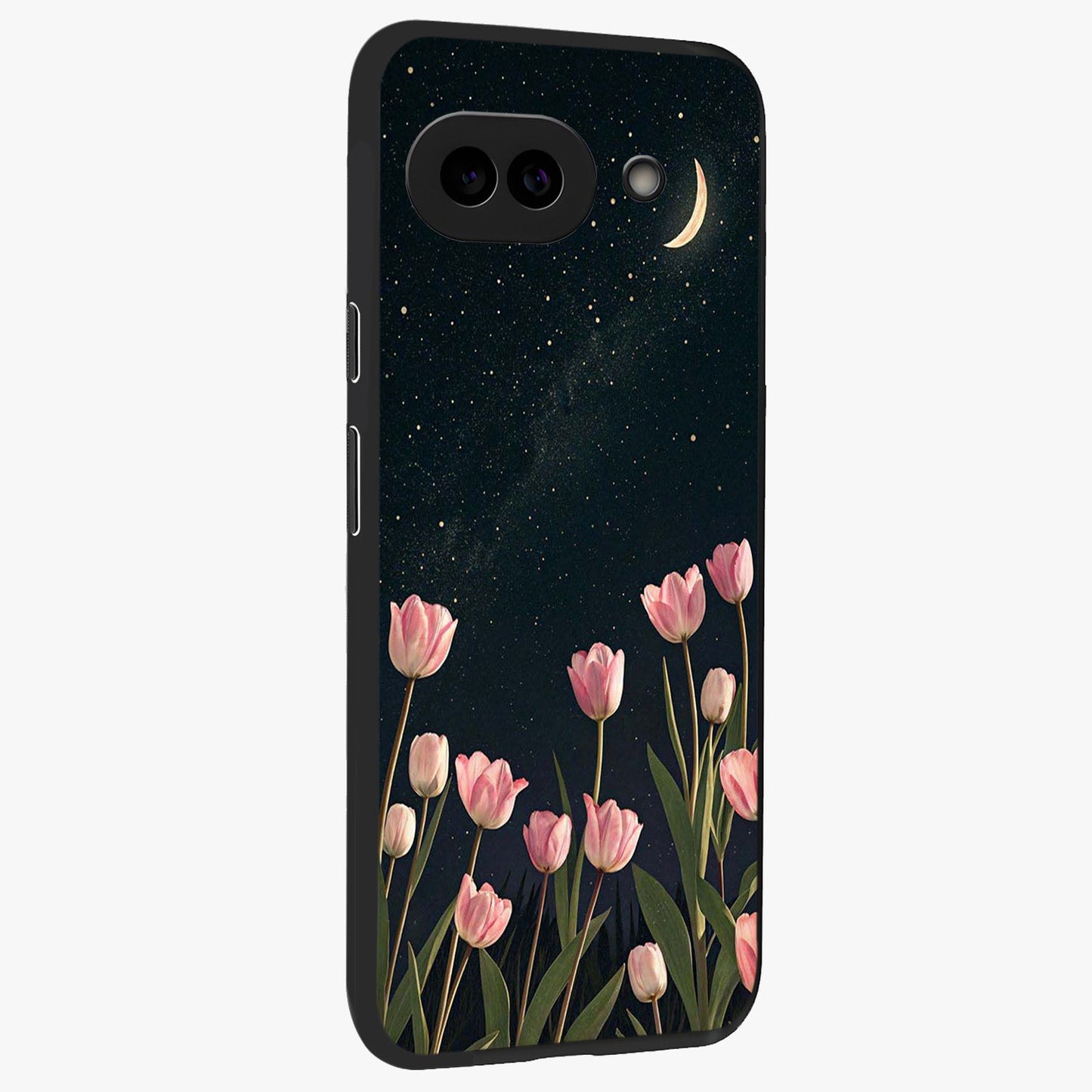 Midnight Tulip Whispers Vibe Glass Case upright view showcasing graceful tulip artwork with calm botanical theme.