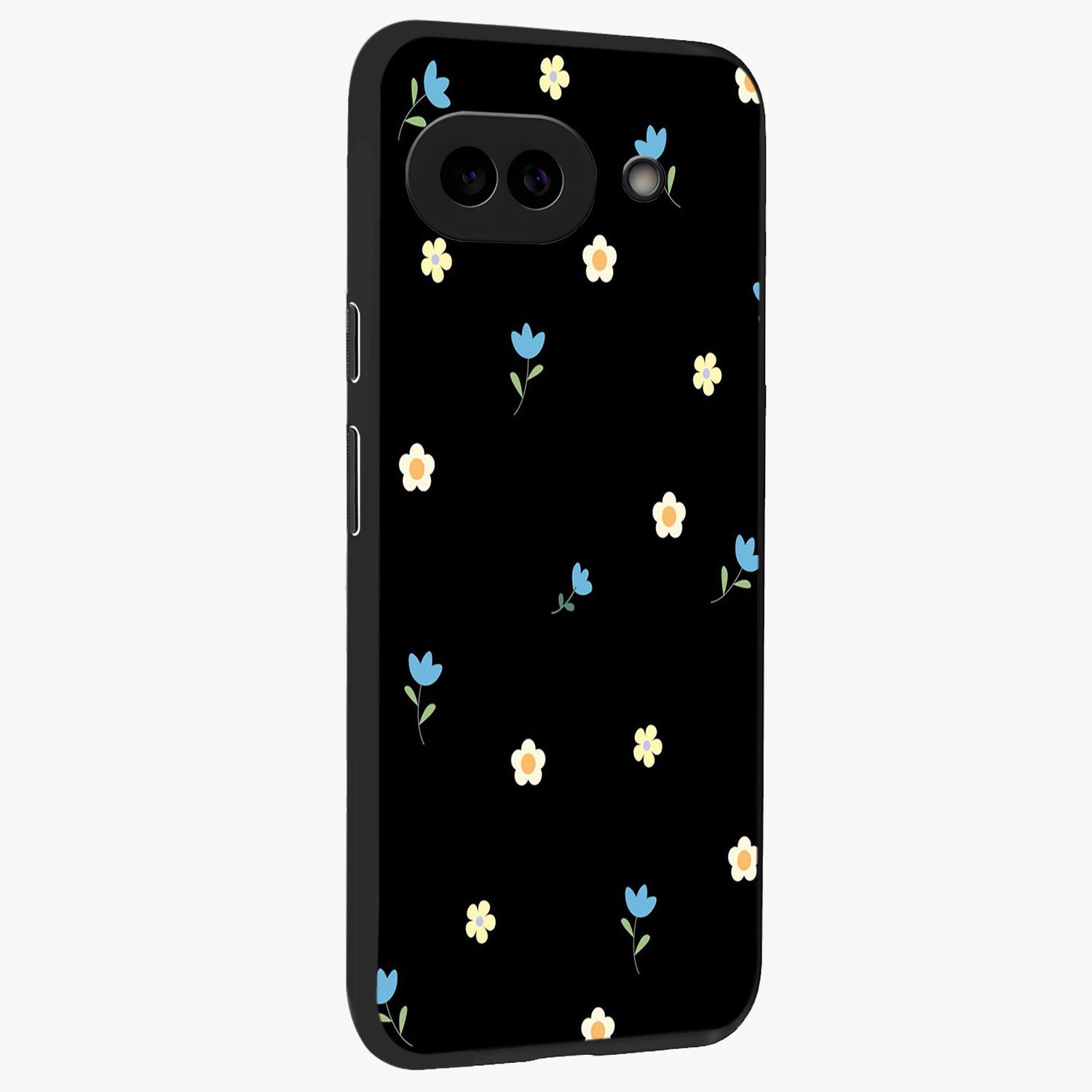 Minimal Petal Whispers Glass Case upright view showcasing elegant floral artwork with modern minimalist style.