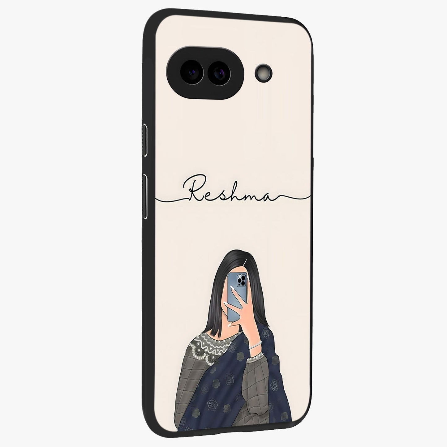 Mirror Mood Muse With Custom Name Glass Case upright view showcasing artistic mirror themed artwork with personalized aesthetic.