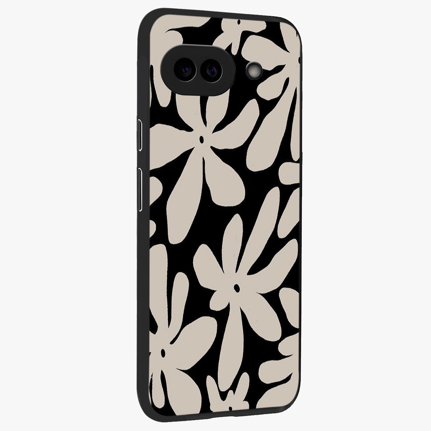 Monochrome Petal Dance Glass Case upright view showcasing artistic floral pattern with stylish monochrome theme.