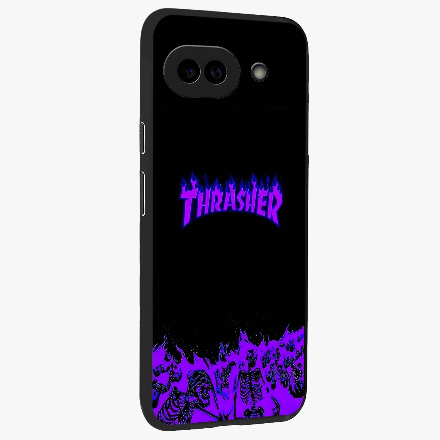 Neon Flame Riot Glass Case upright view showcasing dynamic flame artwork with energetic neon theme.