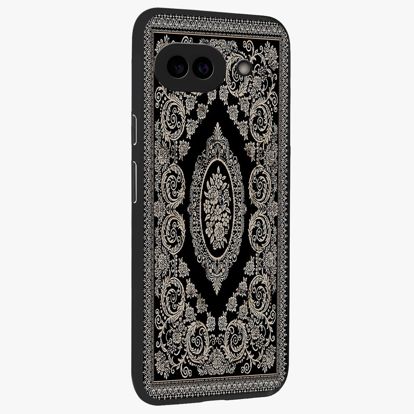 Noir Bloom Elegance Glass Case upright view showcasing graceful floral artwork with luxurious dark theme.