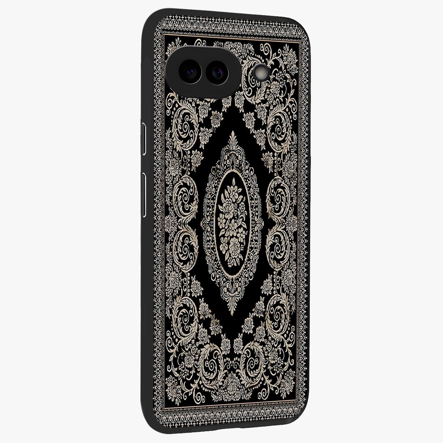 Noir Bloom Elegance Glass Case upright view showcasing graceful floral artwork with luxurious dark theme.