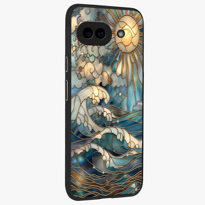 Oceanic Stained Printed Glass Case upright view showcasing decorative ocean pattern artwork with vibrant marine theme.