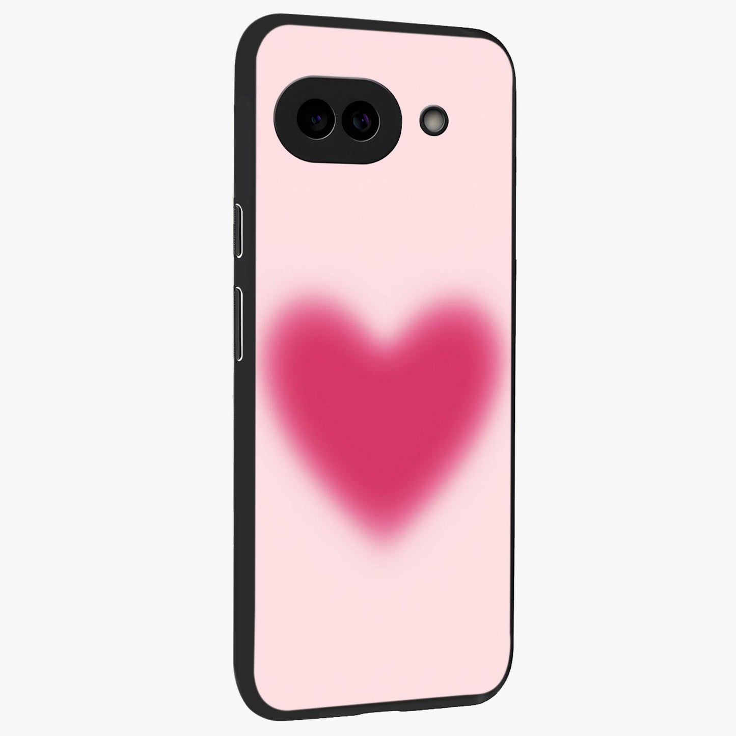 Pink Aura Heart Glass Case upright view showcasing romantic heart artwork with soft pastel theme.