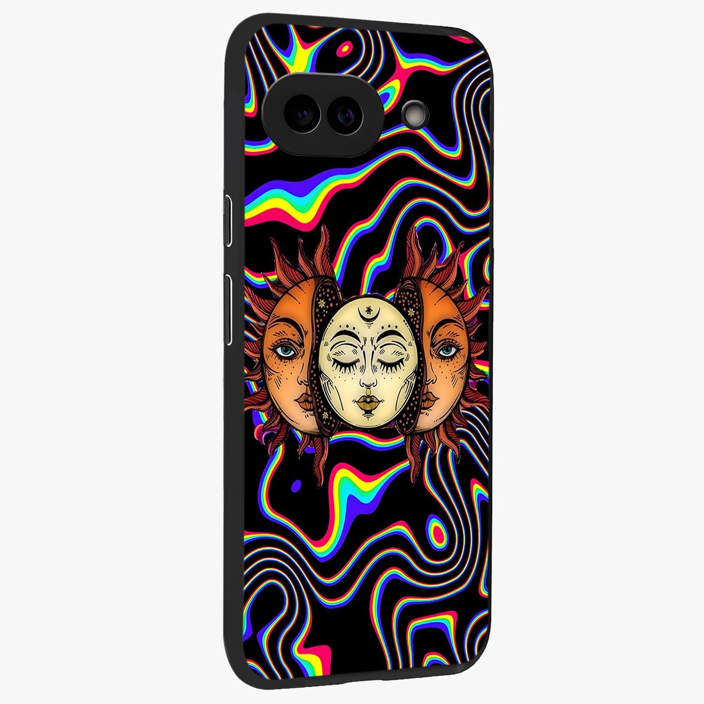 Psychedelic Sun Glass Case upright view showcasing trippy sun artwork with bold psychedelic theme.