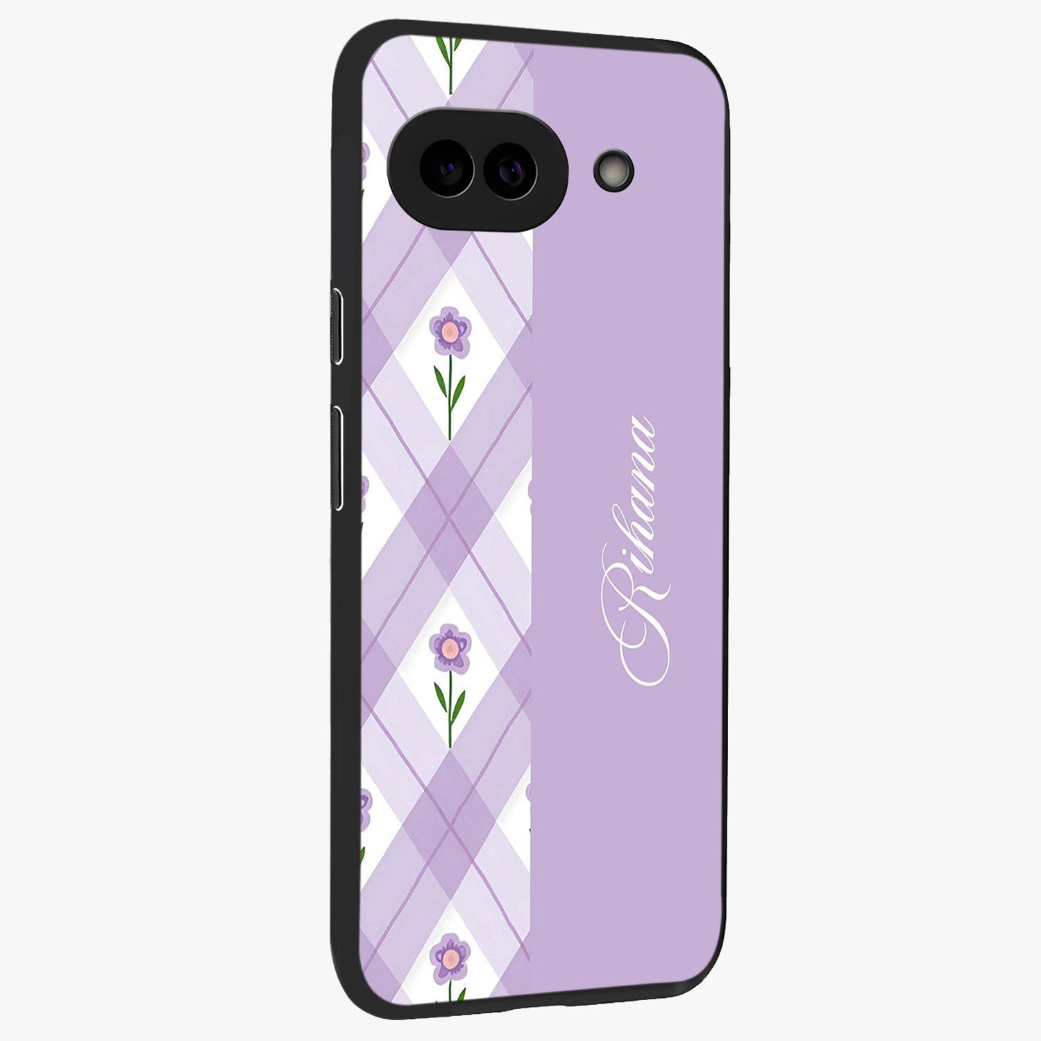 Purple Diamond Floral Glass Case upright view showcasing vibrant floral artwork with stylish geometric theme.