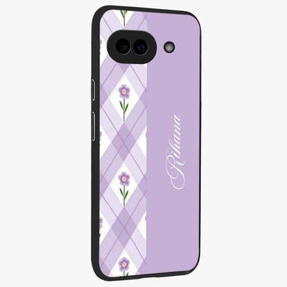 Purple Diamond Floral Glass Case upright view showcasing vibrant floral artwork with stylish geometric theme.