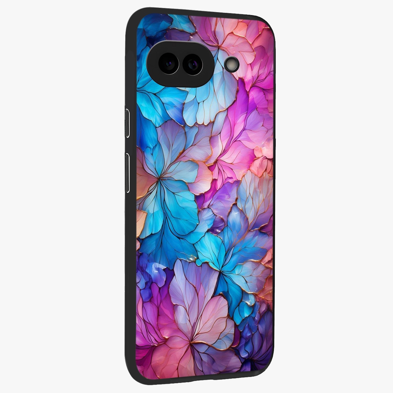 Radiant Floral Whirl Glass Case upright view showcasing lively floral artwork with decorative swirl theme.
