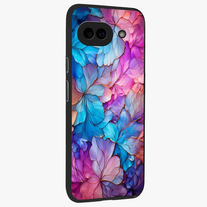 Radiant Floral Whirl Glass Case upright view showcasing lively floral artwork with decorative swirl theme.