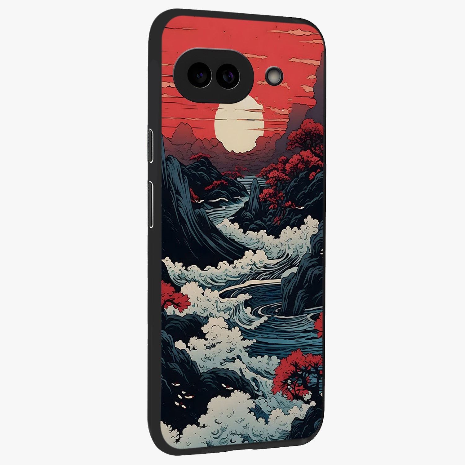 Red Sunset Scenery Glass Case upright view showcasing dramatic sunset scenery artwork with warm nature theme.