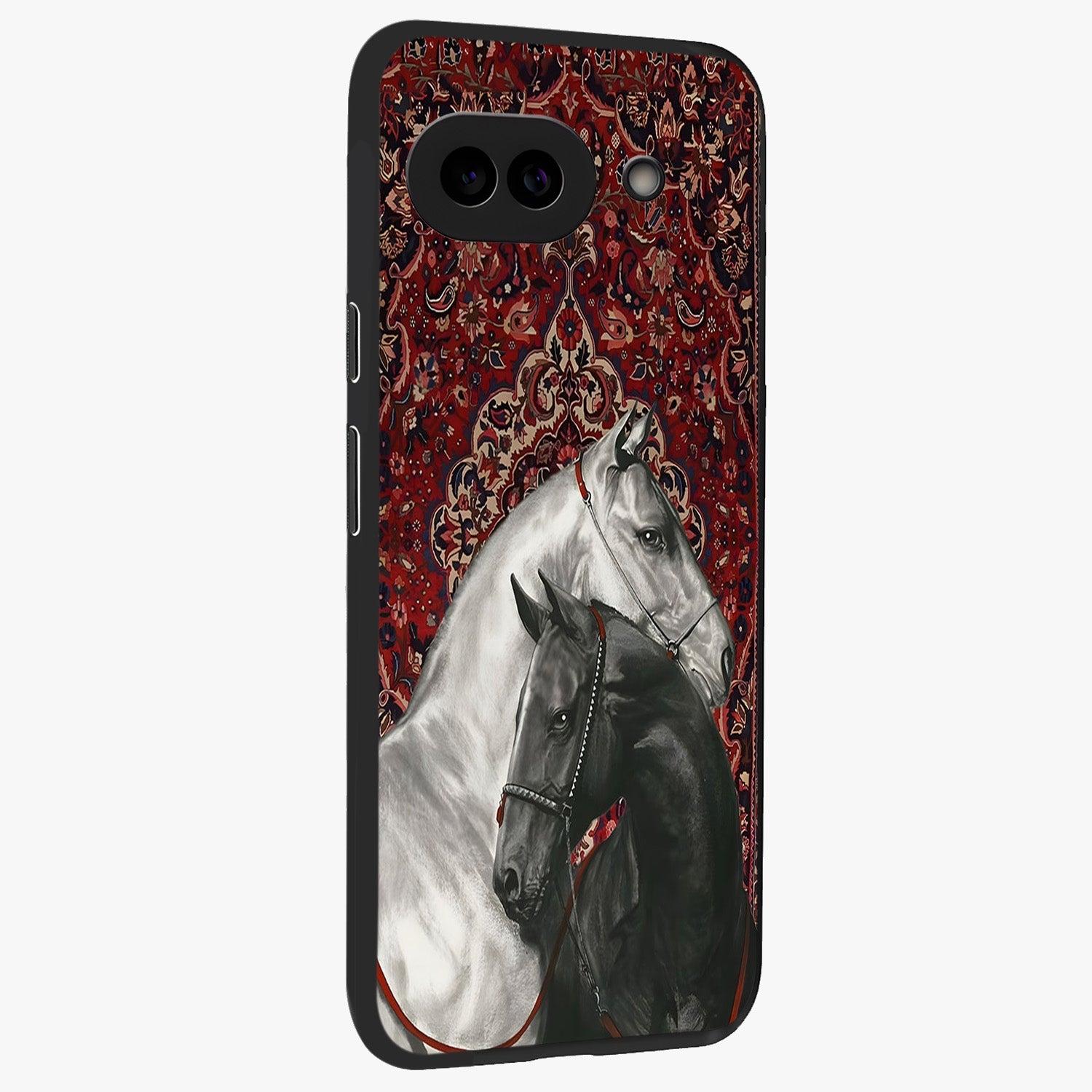 Regal Stallion Tapestry Glass Case upright view showcasing powerful horse artwork with elegant tapestry theme.