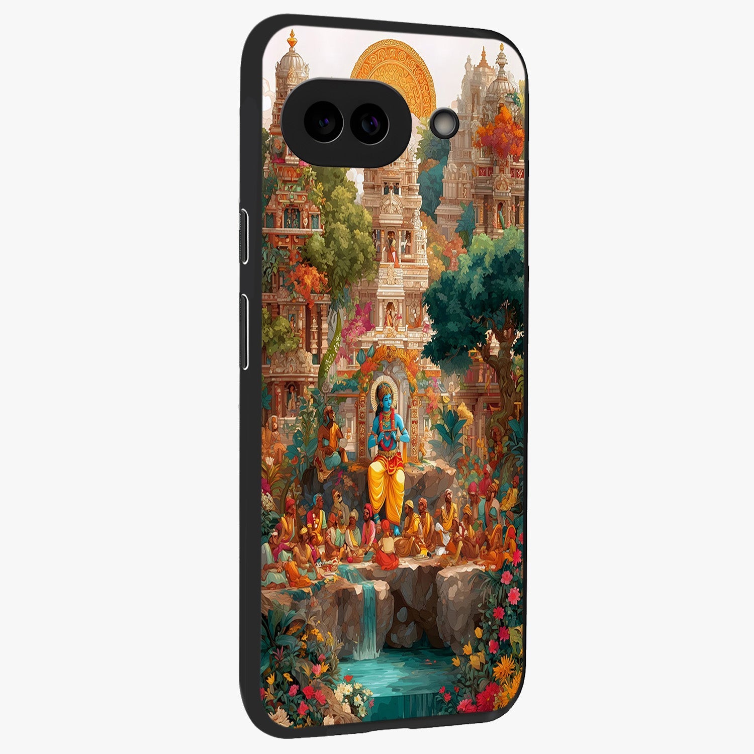 Sacred Sunlight Gods Glass Case upright view showcasing glowing divine artwork with sacred mythological theme.