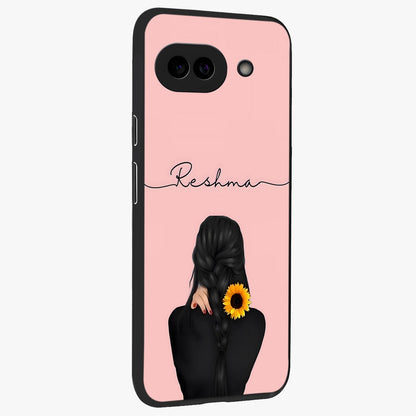 Sunflower Braid Beauty With Custom Name Glass Case upright view showcasing bright sunflower artwork with personalized floral aesthetic.