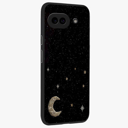 Twinkle Star With Half Moon Glass Case upright view showcasing glowing cosmic artwork with dreamy night theme.