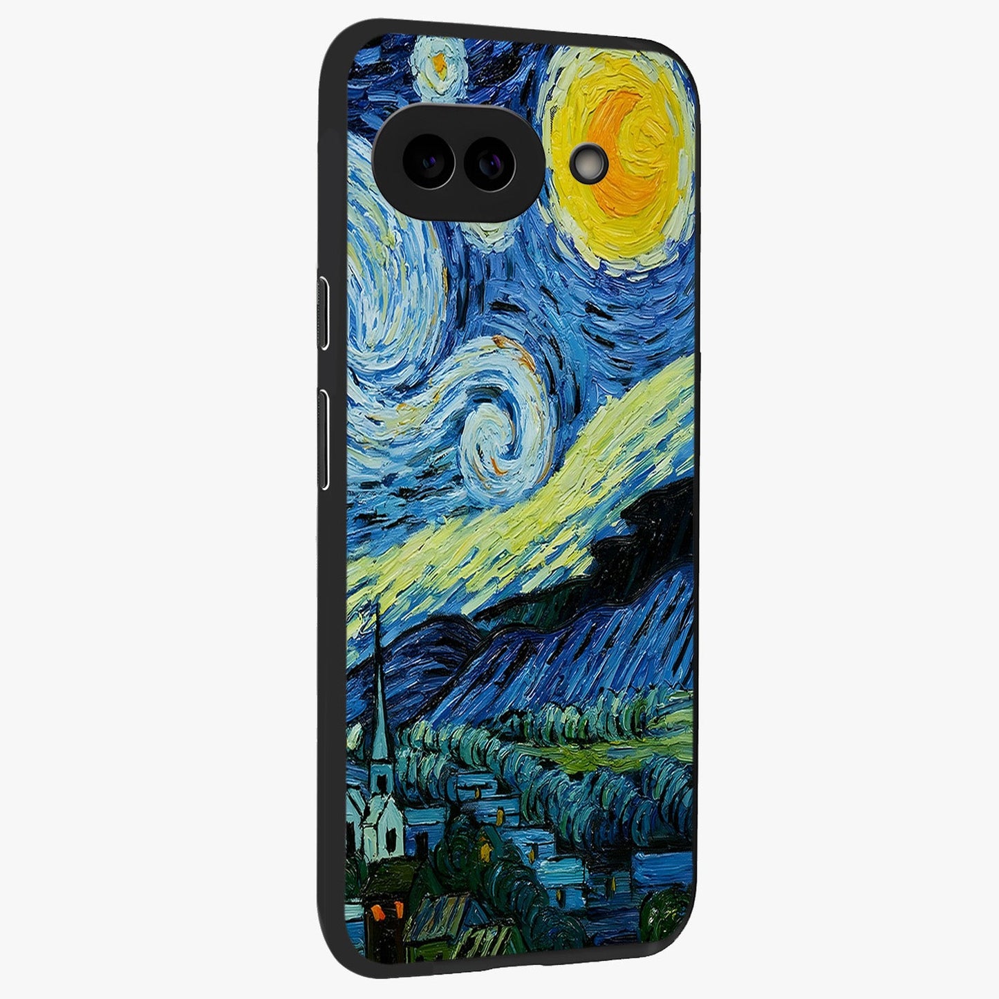Van Gogh Art Glass Case upright view showcasing expressive painting style artwork with timeless artistic theme.