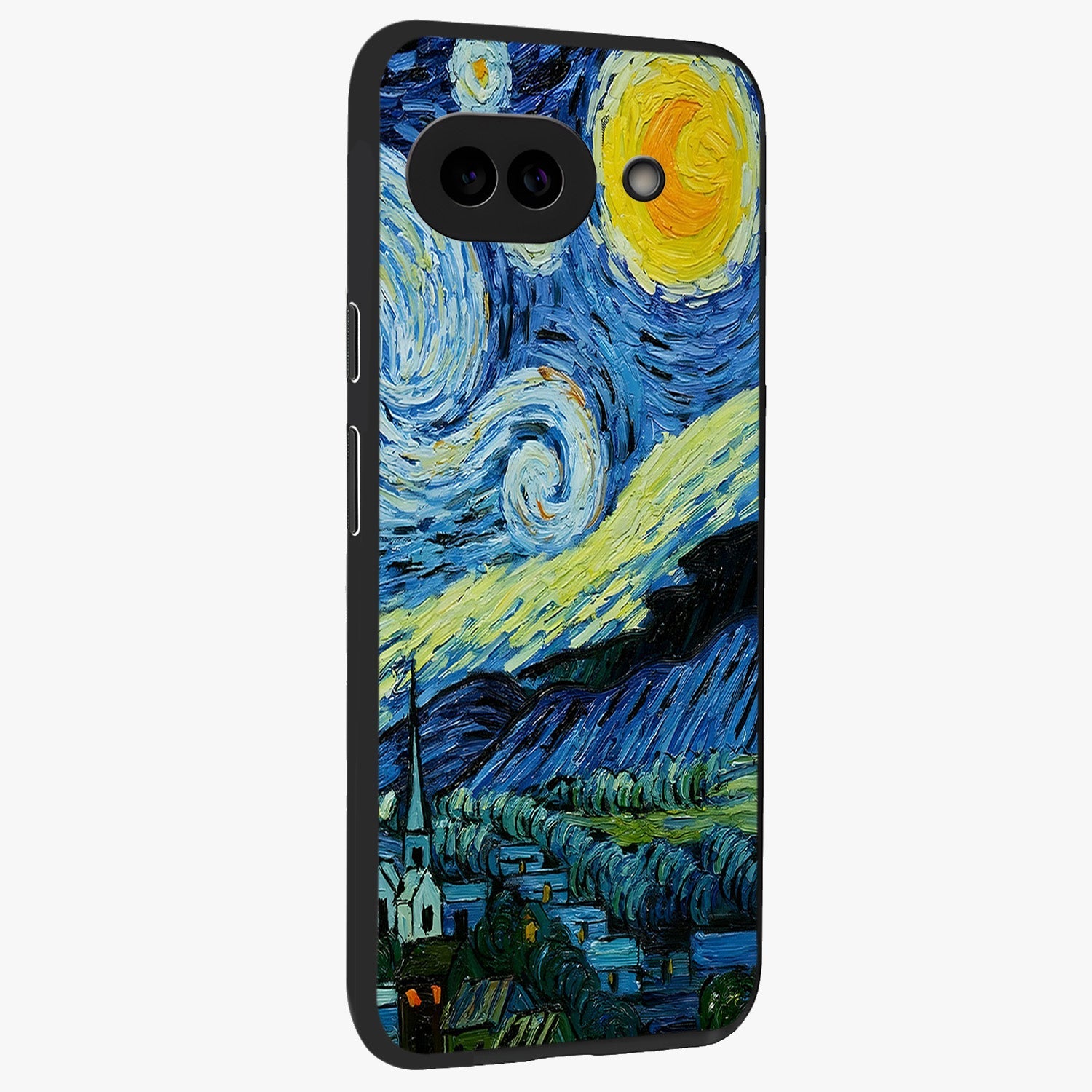 Van Gogh Art Glass Case upright view showcasing expressive painting style artwork with timeless artistic theme.