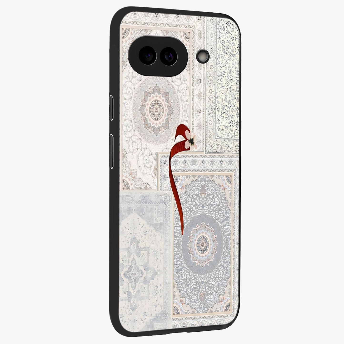 White Aesthetic Bow Glass Case upright view showcasing delicate ribbon bow artwork with cute minimalist theme.