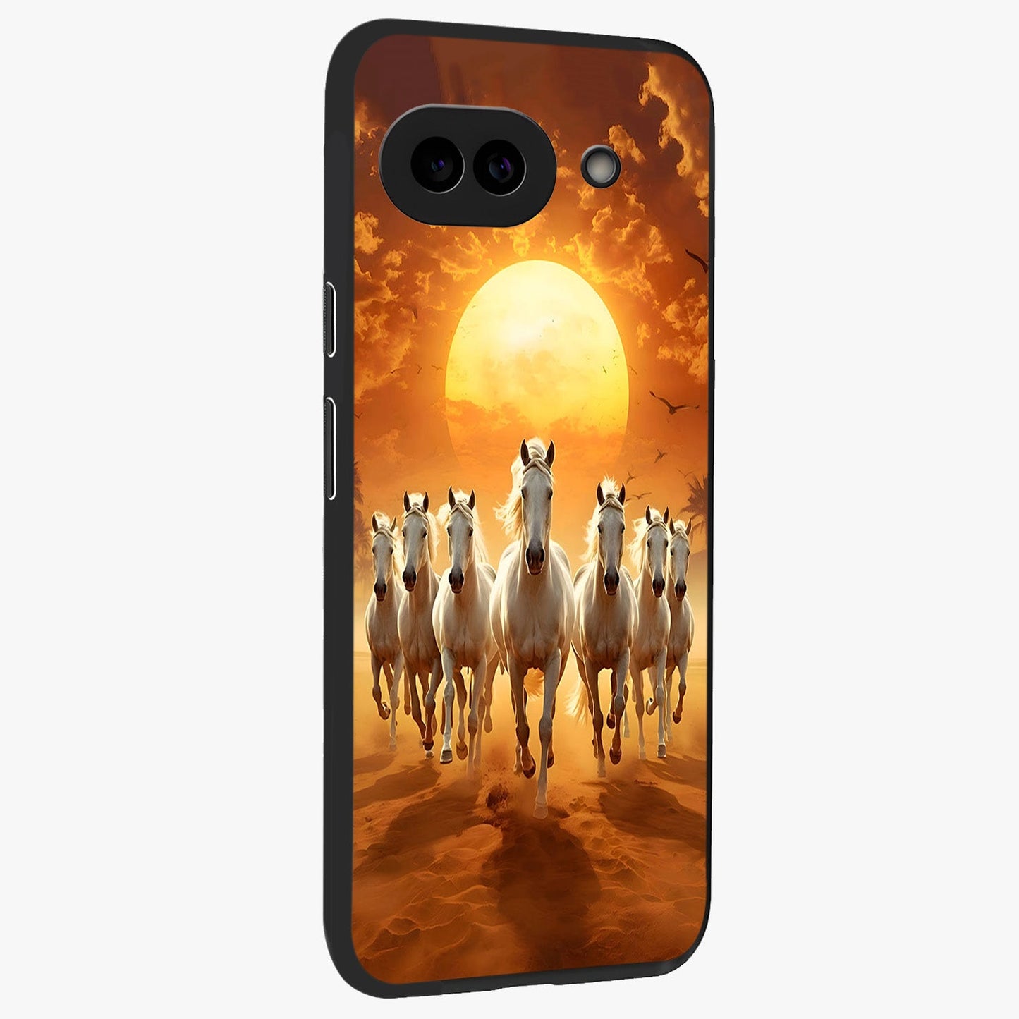 Wild Sunset Majesty Glass Case upright view showcasing dramatic sunset artwork with bold nature theme.