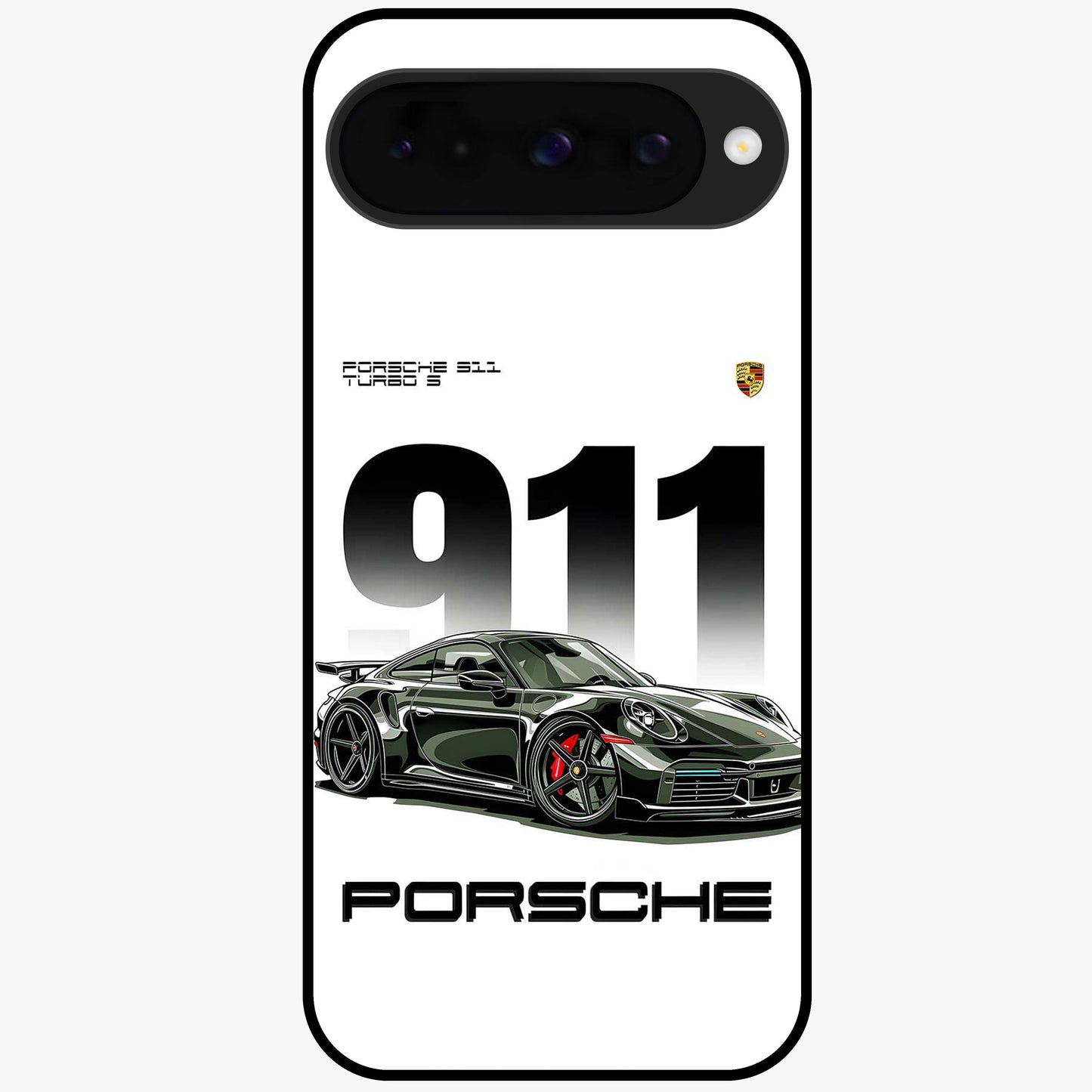 911 Turbo Dominance Glass Case showing clean flat back view with bold 911 sports car artwork and glossy glass finish.