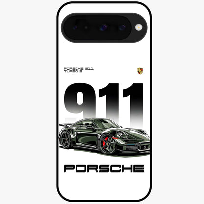 911 Turbo Dominance Glass Case showing clean flat back view with bold 911 sports car artwork and glossy glass finish.