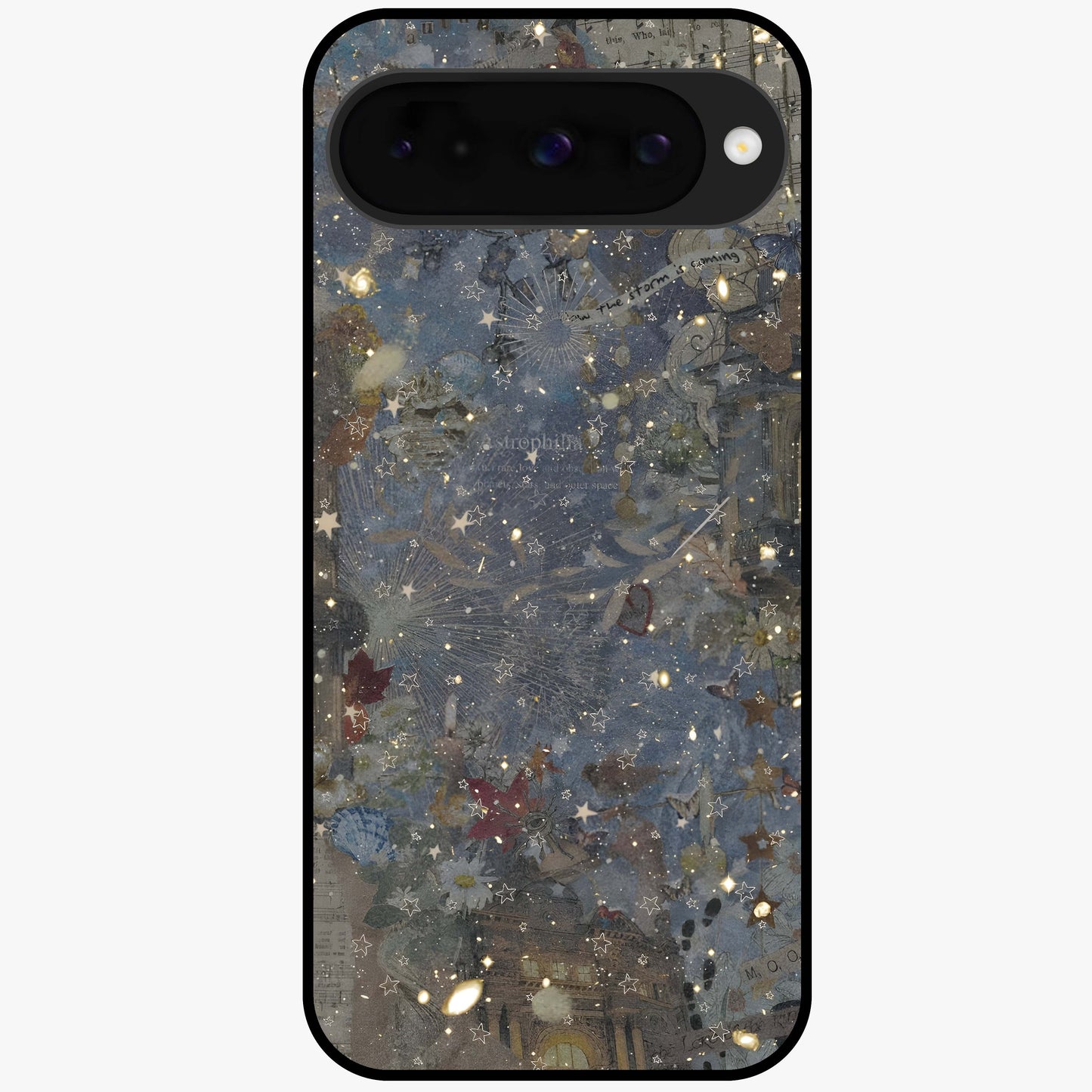Aesthetic Astrolophia Glass Case showing flat back view with dreamy aesthetic design and glossy glass finish.