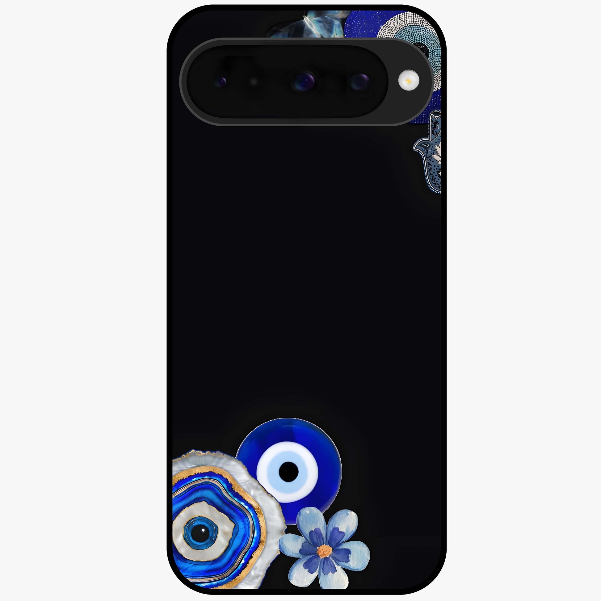 Aesthetic Blue Evil Eye Glass Case showing flat back view with protective evil eye artwork and glossy glass finish.