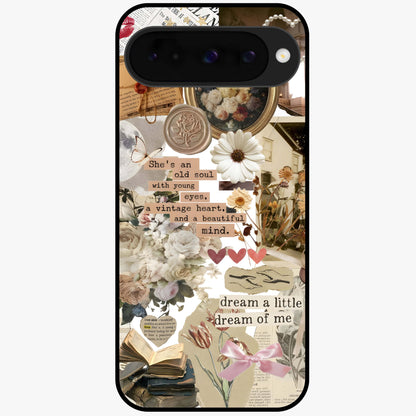 Aesthetic Brown Vintage Collage Glass Case showing flat back view with retro collage artwork and glossy glass finish.