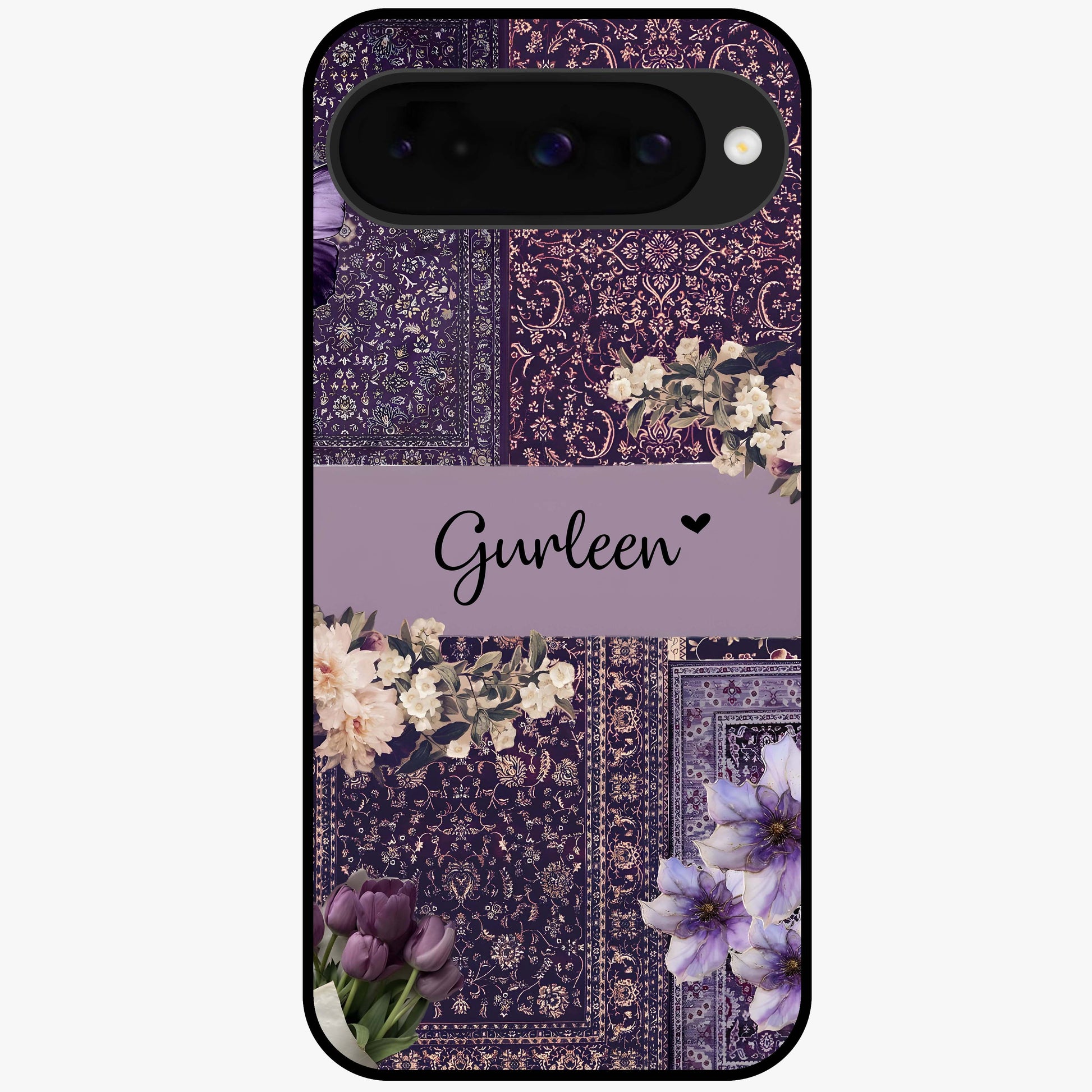 Antique Floral Whisper Custom Name Glass Case showing flat back view with vintage floral artwork and personalized name design.