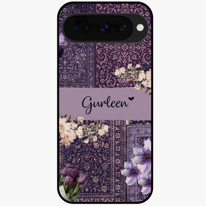 Antique Floral Whisper Custom Name Glass Case showing flat back view with vintage floral artwork and personalized name design.