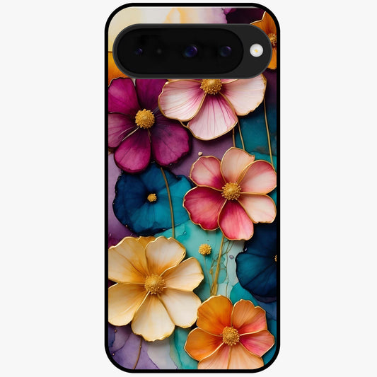 Artlyn Grace Flower Pattern Glass Case showing flat back view with elegant floral pattern artwork and glossy glass finish.