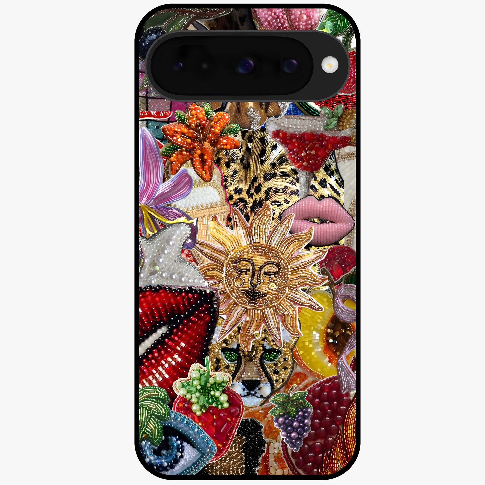 Beaded Fashion Jungle Glass Case showing flat back view with vibrant jungle inspired bead artwork and glossy glass finish.