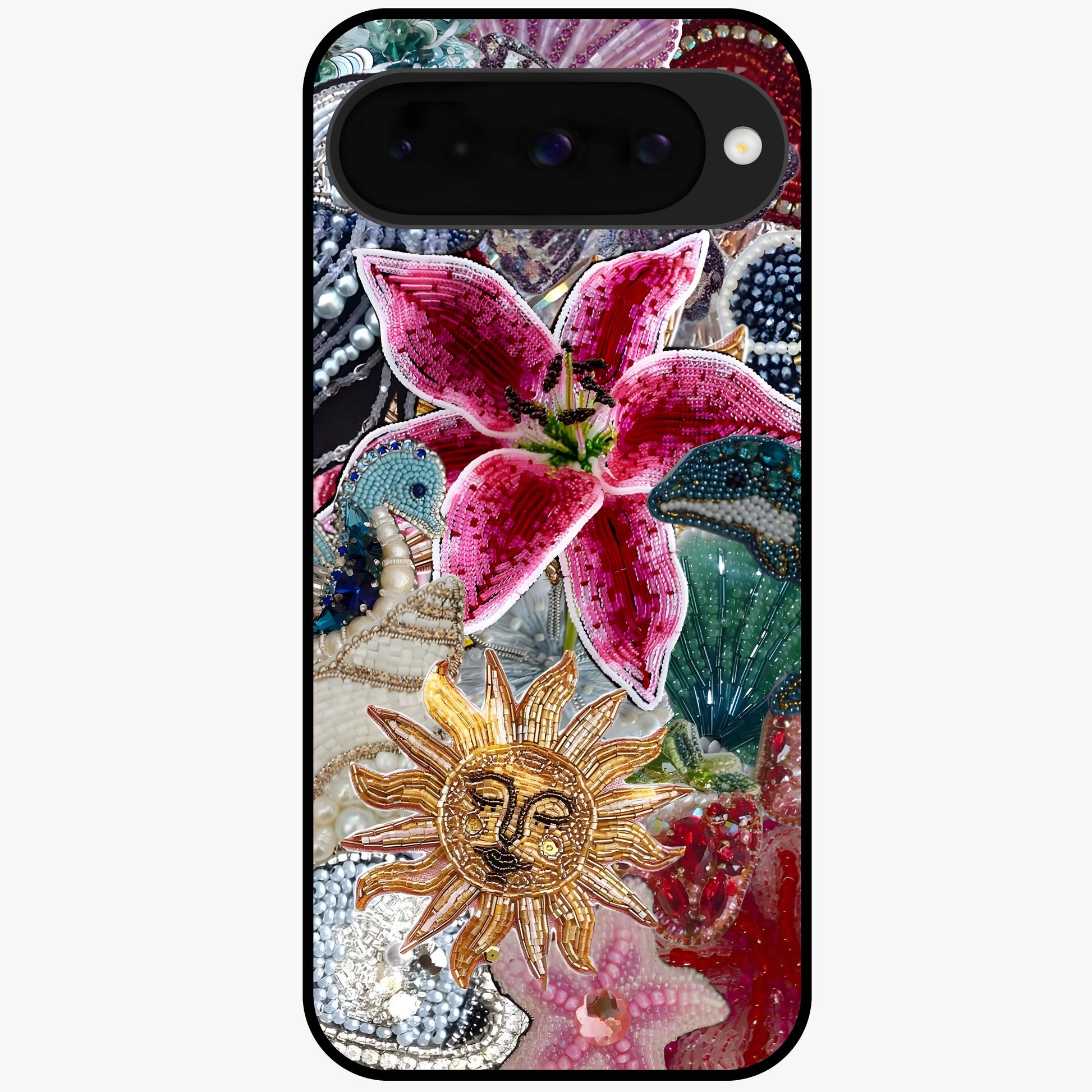 Beaded Garden Fantasy Glass Case showing flat back view with dreamy garden bead artwork and glossy glass finish.