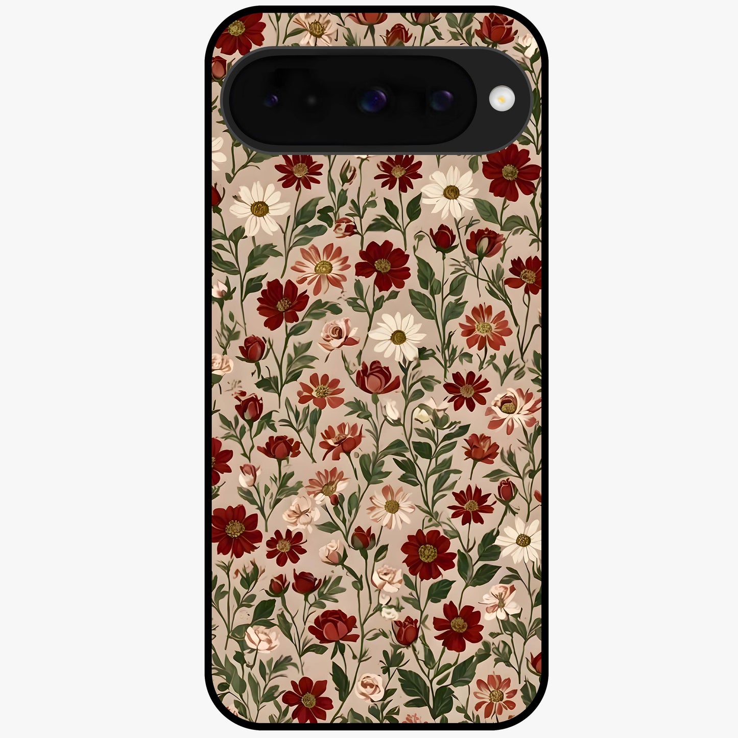 Biege Flower With Leaf Glass Case showing flat back view with soft beige floral artwork and glossy glass finish.